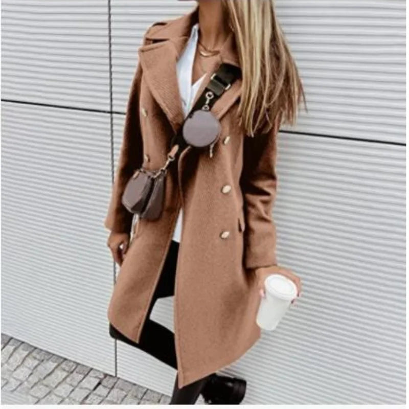 legante Wolljacke mit Revers & Zweireiher-Design – Langer Mantel für Damen